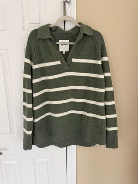 Aerie Olive Green Stripe Collared Sweater